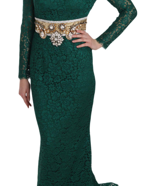 Crystal Gold Belt Lace Sheath Gown Dress