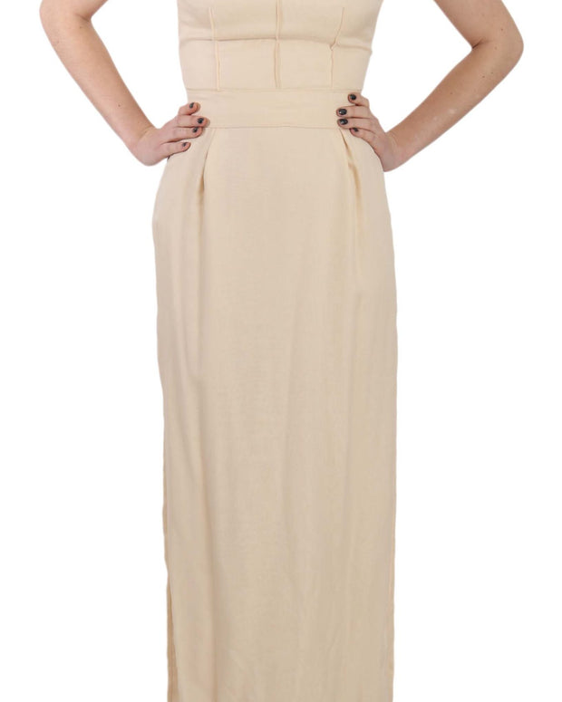 Beige Silk Column Cap Sleeve Gown Dress