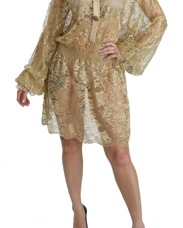 Gold Lace See Through A-Line Knee Length Dress