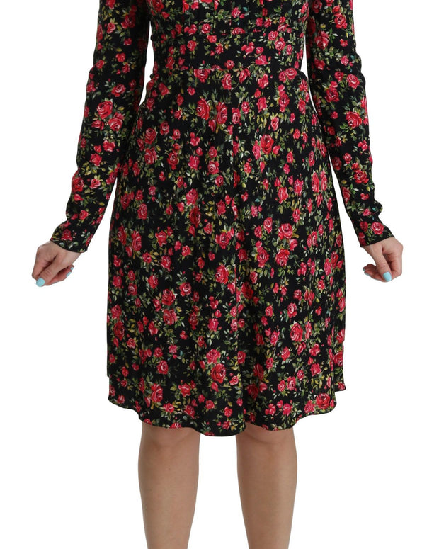 Black Floral Longsleeve Knee Length Dress