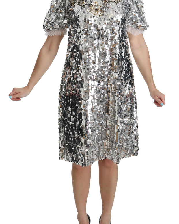 Silver Sequined Crystal Shift Gown Dress