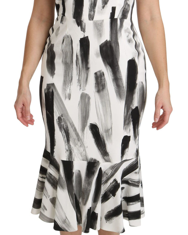 White Black Printed Sheath Midi Viscose Dress