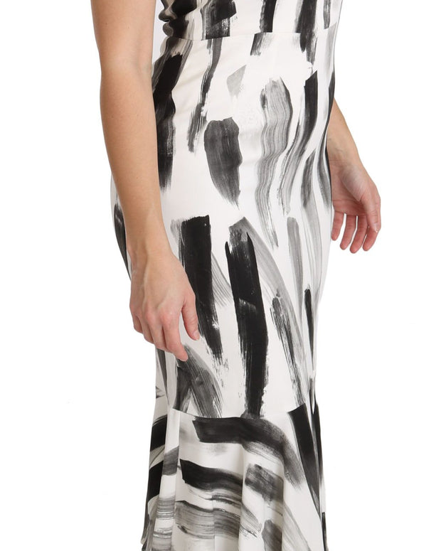 White Black Printed Sheath Midi Viscose Dress