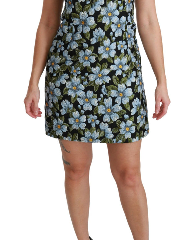 Blue Floral Brocade Gown Shift Dress