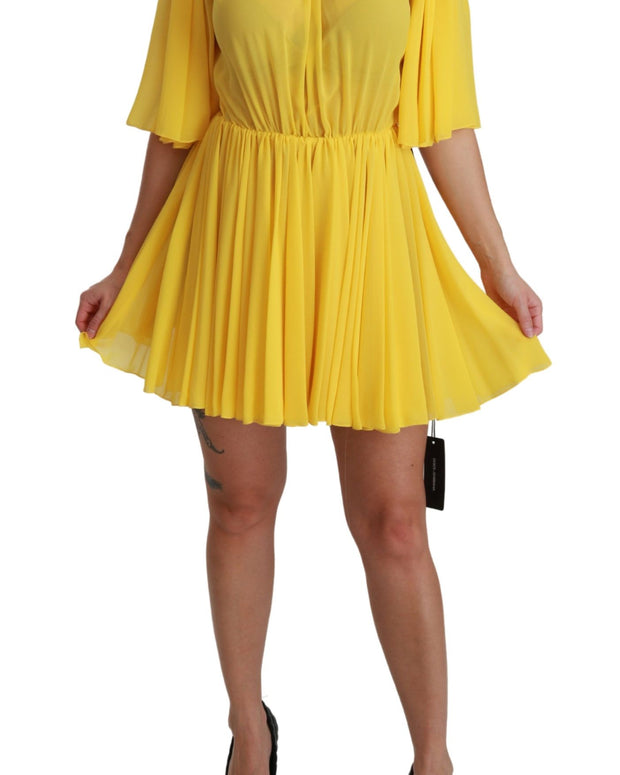 Yellow Pleated A-line Mini 100% Silk Dress