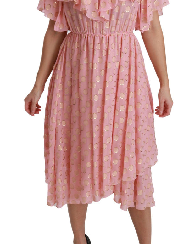 Silk Pink Polka Dots Pleated A-line Midi Dress