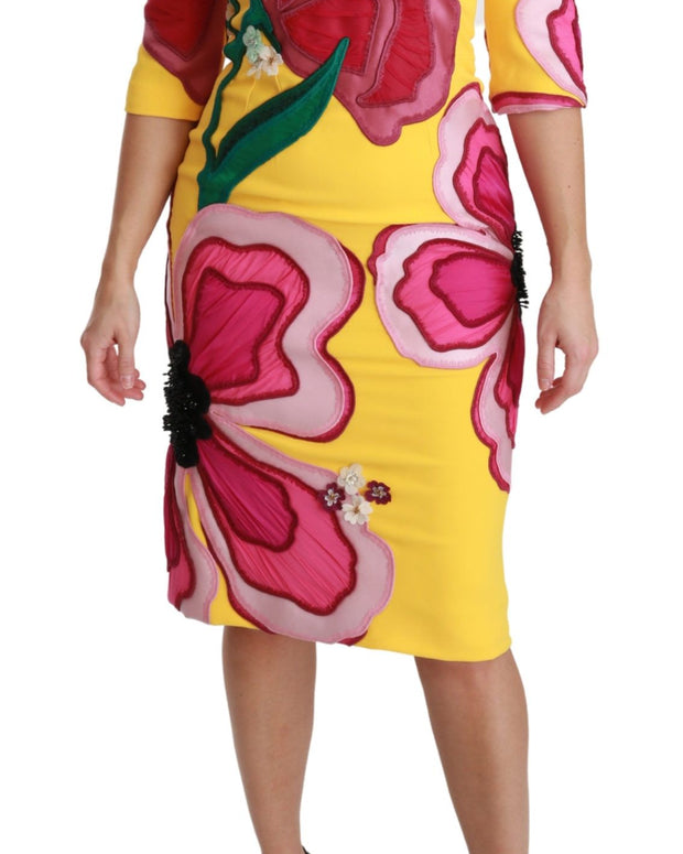 Yellow Floral Crystal Bodycon Sheath Dress