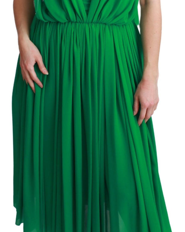 100% Silk Green Sleeveless Pleated Maxi Dress
