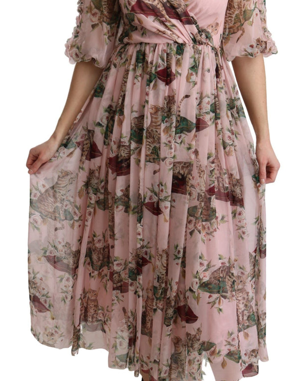 Pink Bengal Cat Print A-line Maxi Silk  Dress