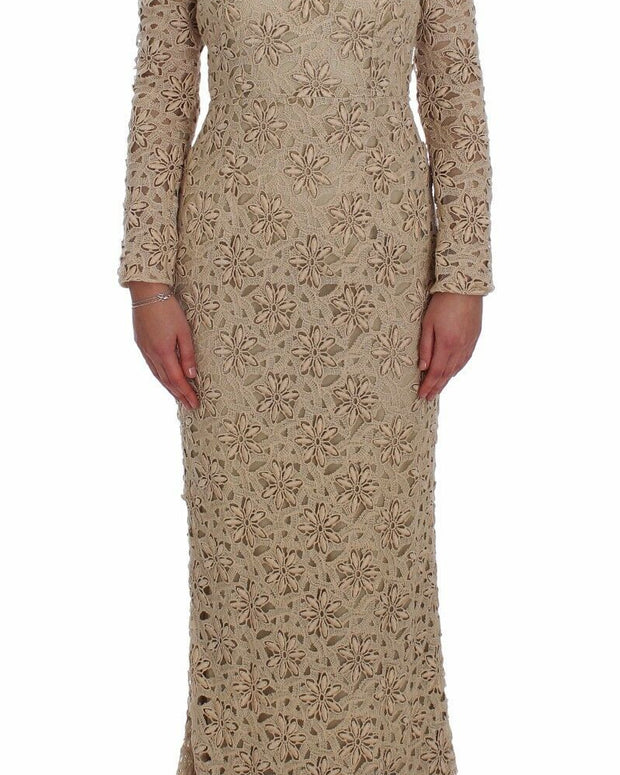 Beige Floral Lace Sheath Maxi Dress