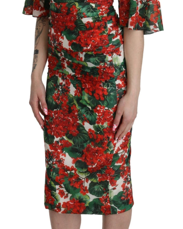 Red Floral Sheath Midi Silk Stretch Dress