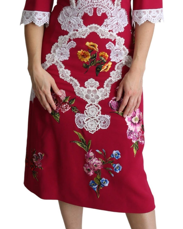 Red Floral Embroidered Sheath Midi Dress