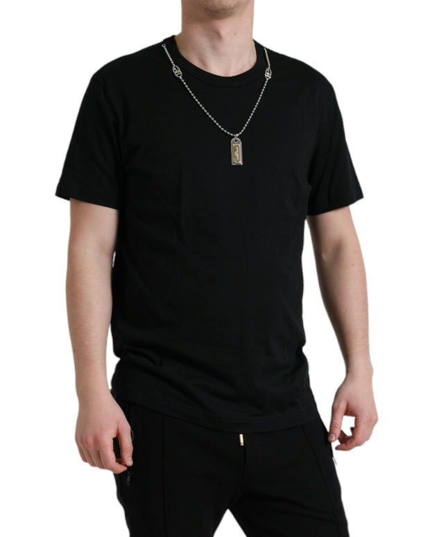 Black Cotton Dog Tag Round Neck T-shirt