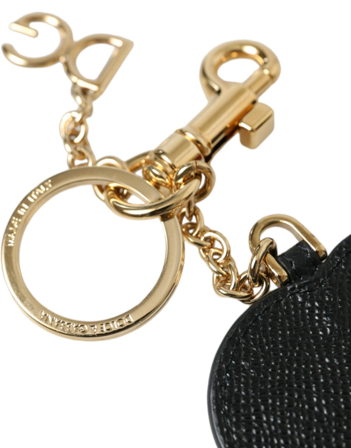 Pink Black Heart Leather Gold Tone Brass Keyring Keychain