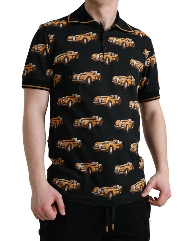 Black Car Print Short Sleeve Polo T-shirt