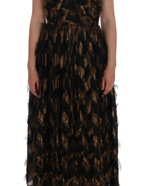 Black Silk Brown Fringes A-Line Dress