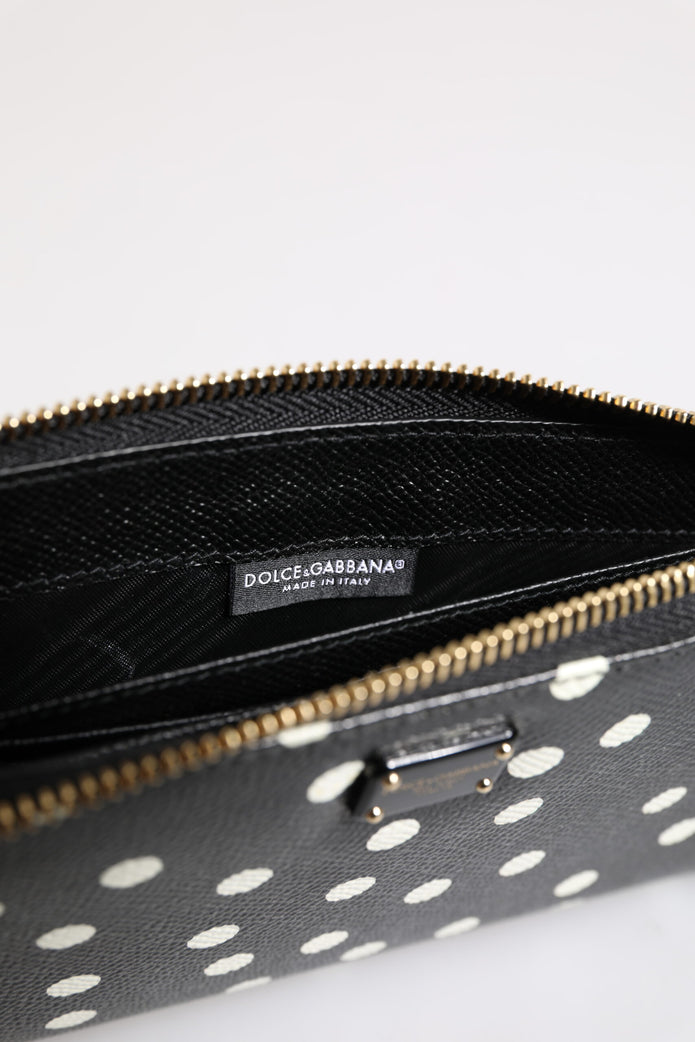 Black White Dotted Leather Zip Around Continental Wallet