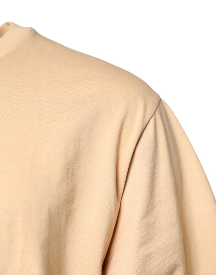 Beige Cotton Logo Print Crew Neck T-shirt