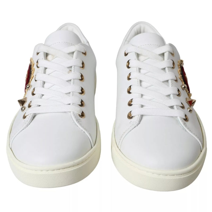 White Leather Gold Red Heart Sneakers Shoes