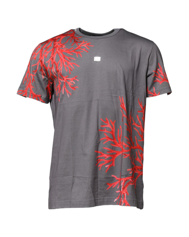 Gray Cotton Coral Print Logo Plaque T-shirt