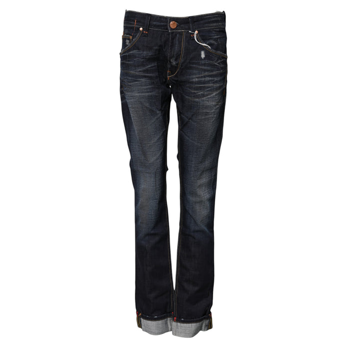 Blue Washed Cotton Mid Waist Flared Denim Jeans
