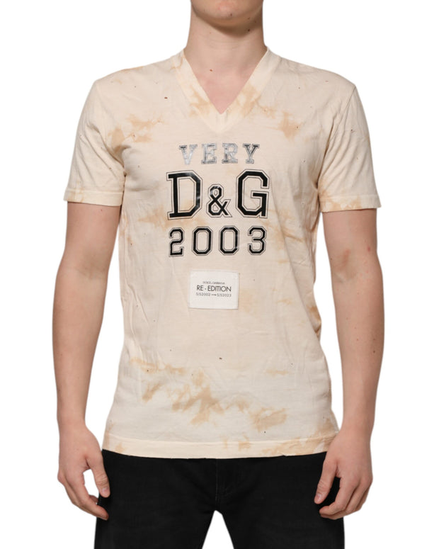 Beige Logo Print Short Sleeve V-neck T-shirt