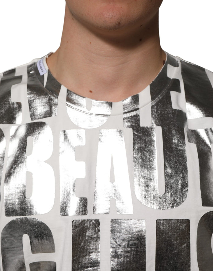 White Cotton Silver Metallic Slogan Print T-shirt