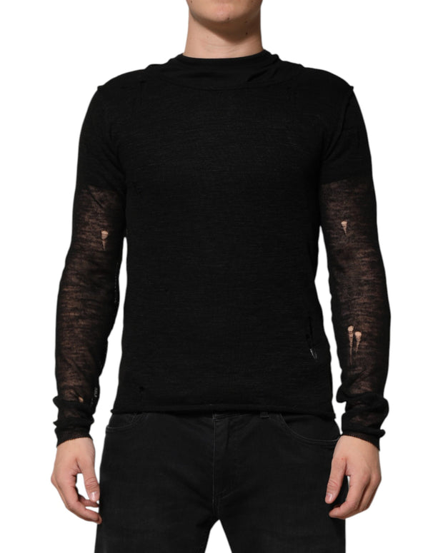 Black Linen Mesh Tattered Longsleeves T-shirt