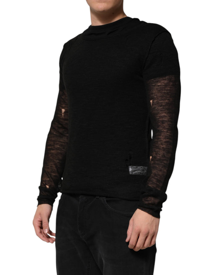 Black Linen Mesh Tattered Longsleeves T-shirt