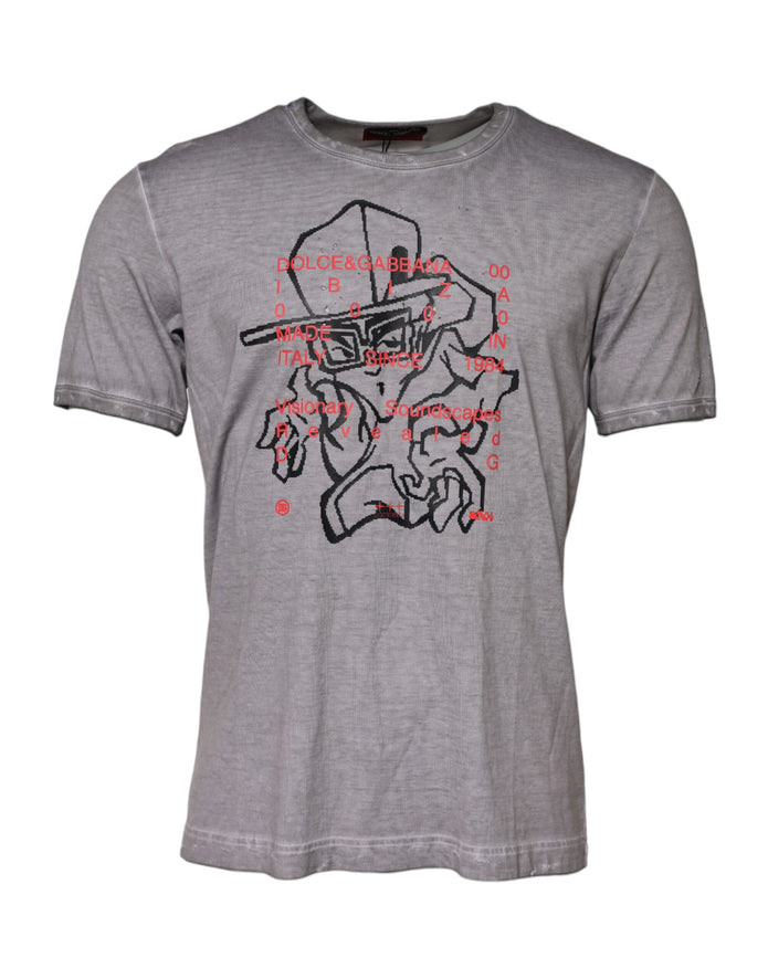 Gray Graphic Print Cotton Crew Neck T-shirt