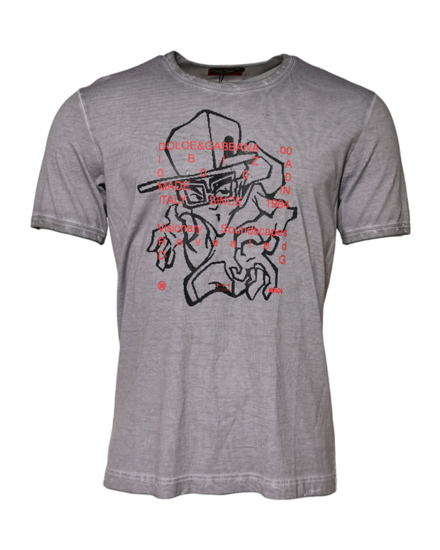 Gray Graphic Print Cotton Crew Neck T-shirt