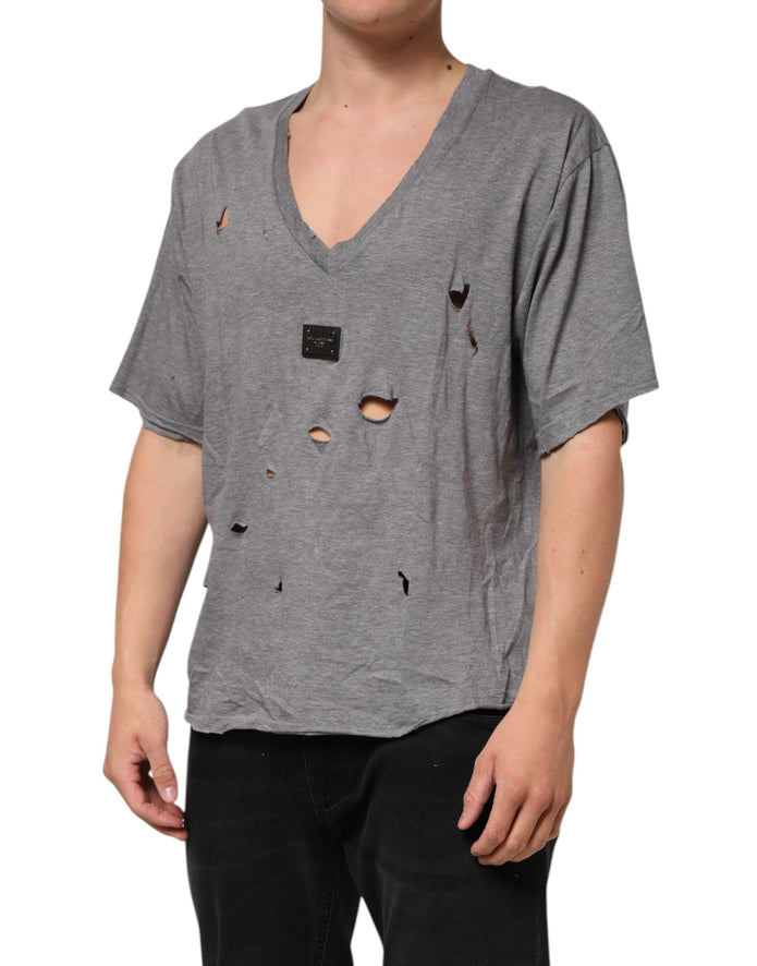 Gray Cotton Tattered Logo Patch Men T-shirt