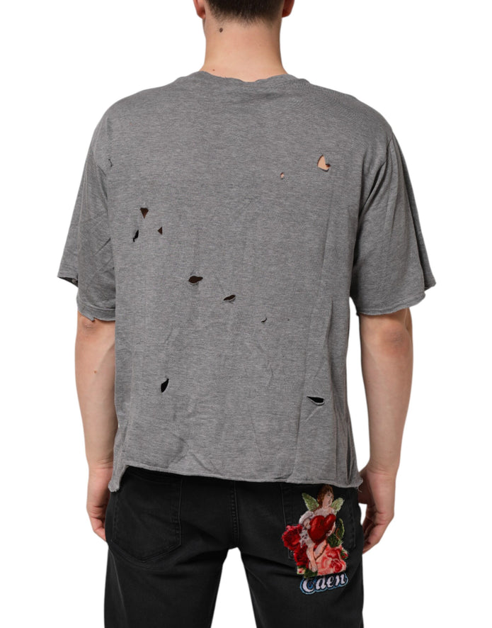 Gray Cotton Tattered Logo Patch Men T-shirt