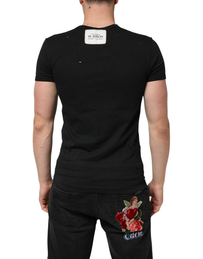 Black Cotton Tattered Logo V-Neck Men T-shirt