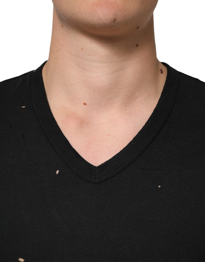Black Cotton Tattered Logo V-Neck Men T-shirt