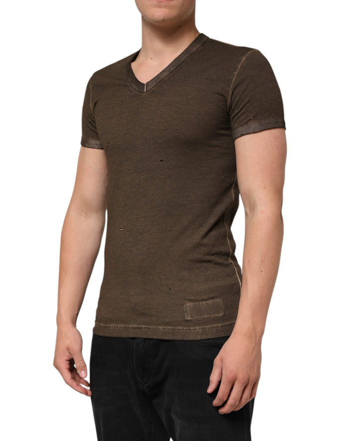 Dark Brown Cotton Tattered Logo Men T-shirt