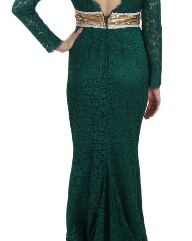 Crystal Gold Belt Lace Sheath Gown Dress