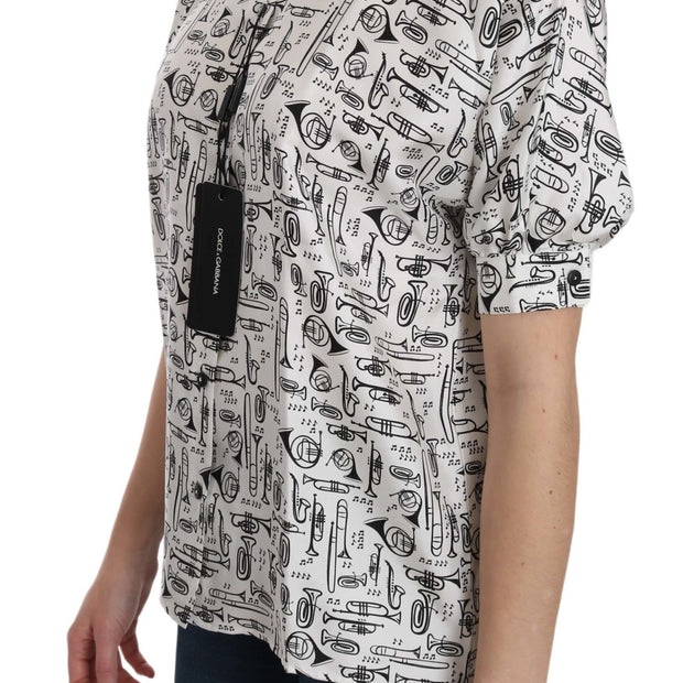 Musical Instrument Print Silk Collared Top