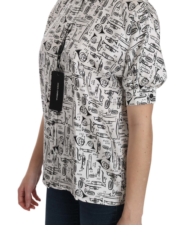 White Musical Instrument Collared Blouse  Shirt
