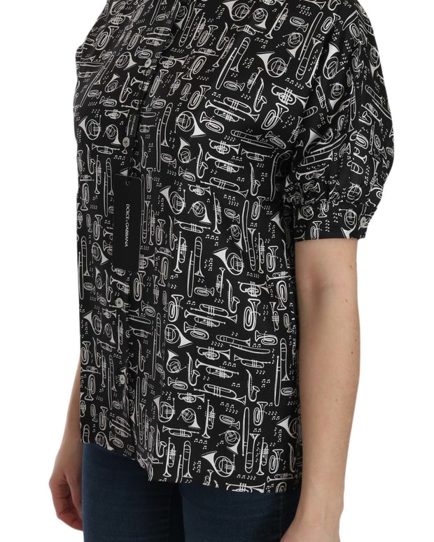 Black Musical Instrument Collared Blouse Shirt