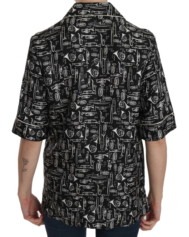 Black Musical Instrument Print Silk  Top