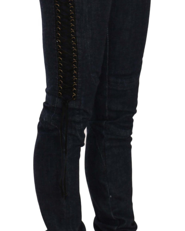 Blue Low Waist Skinny Trousers Braided String Pants