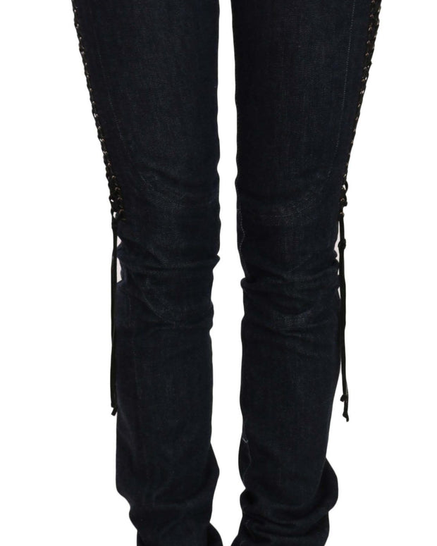 Blue Low Waist Skinny Trousers Braided String Pants