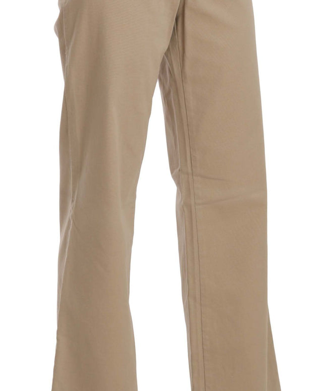 Beige Cotton Mid Waist Flared Trousers Pants