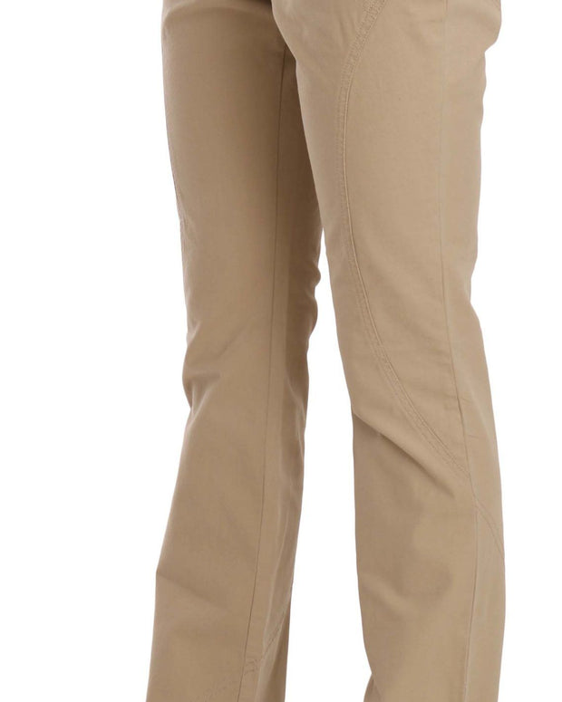 Beige Cotton Mid Waist Straight Trousers Pants