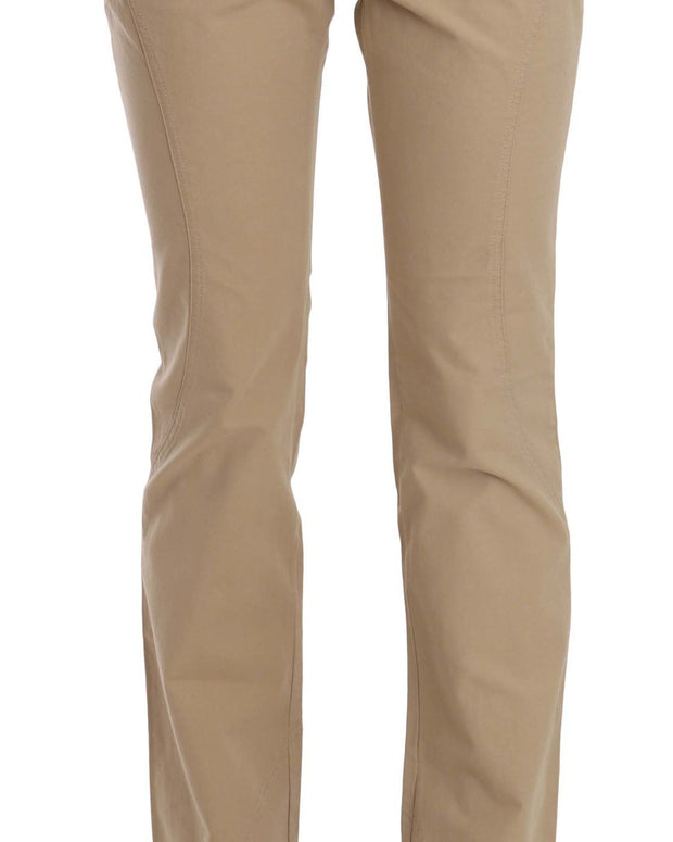 Beige Cotton Mid Waist Straight Trousers Pants