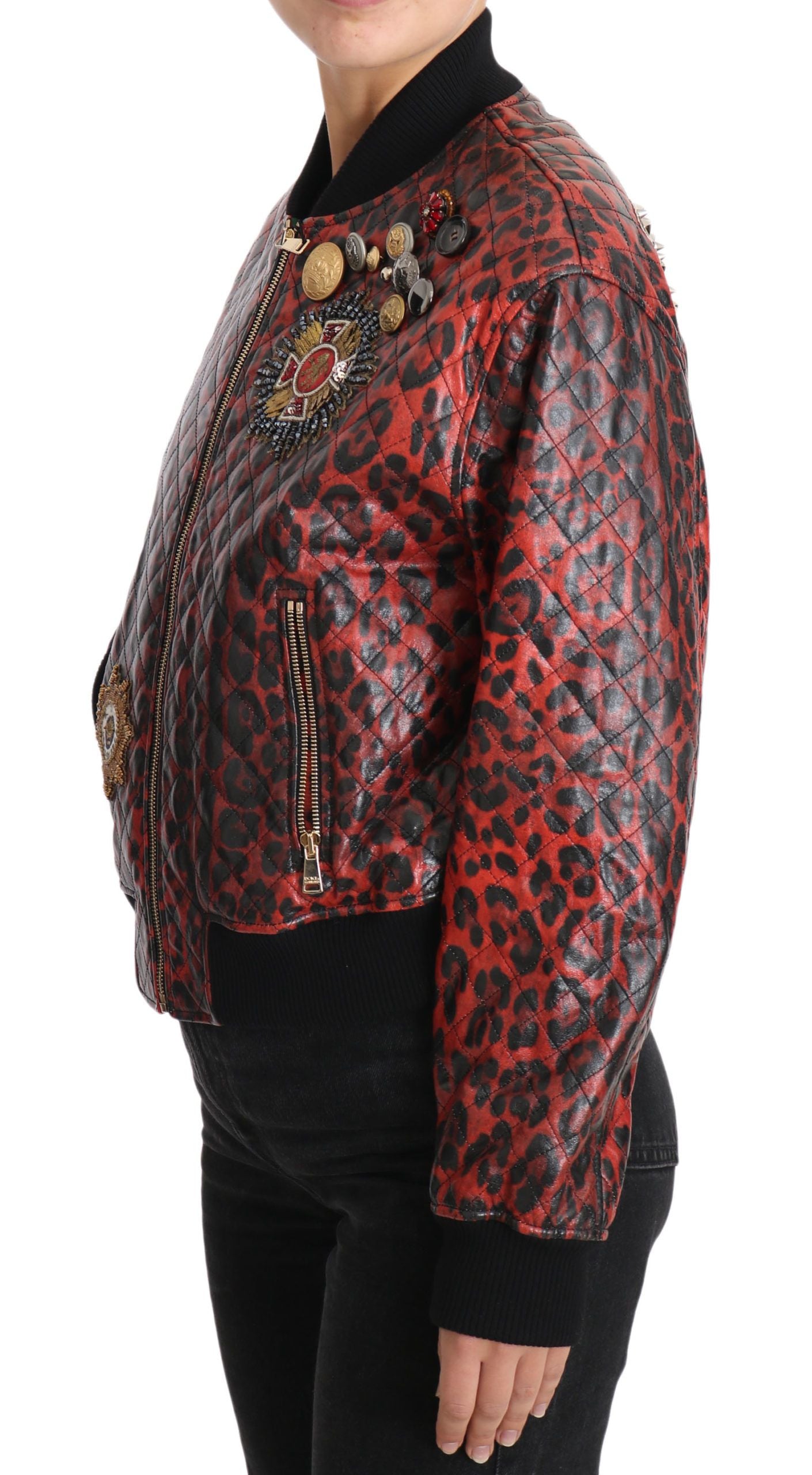 Red Leopard Bomber Leather Jacket with Crystal Buttons