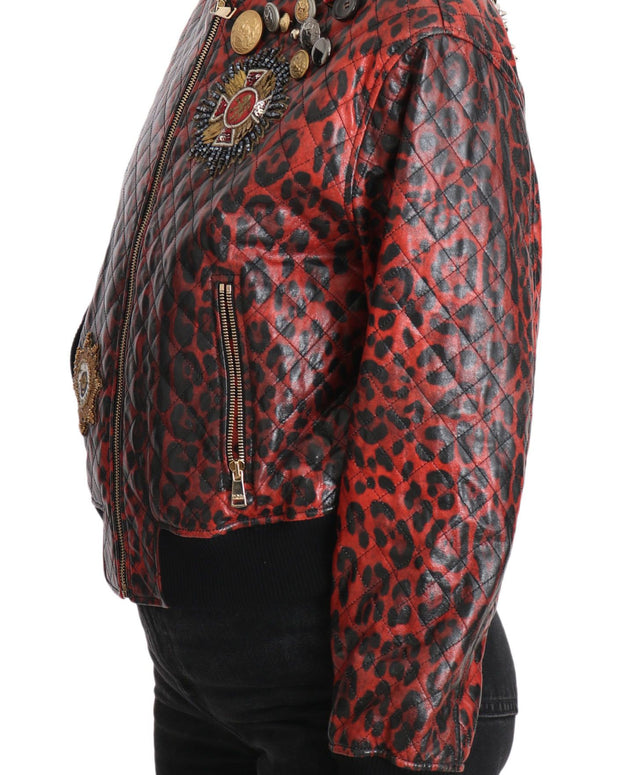 Red Leopard Button Crystal Leather Jacket