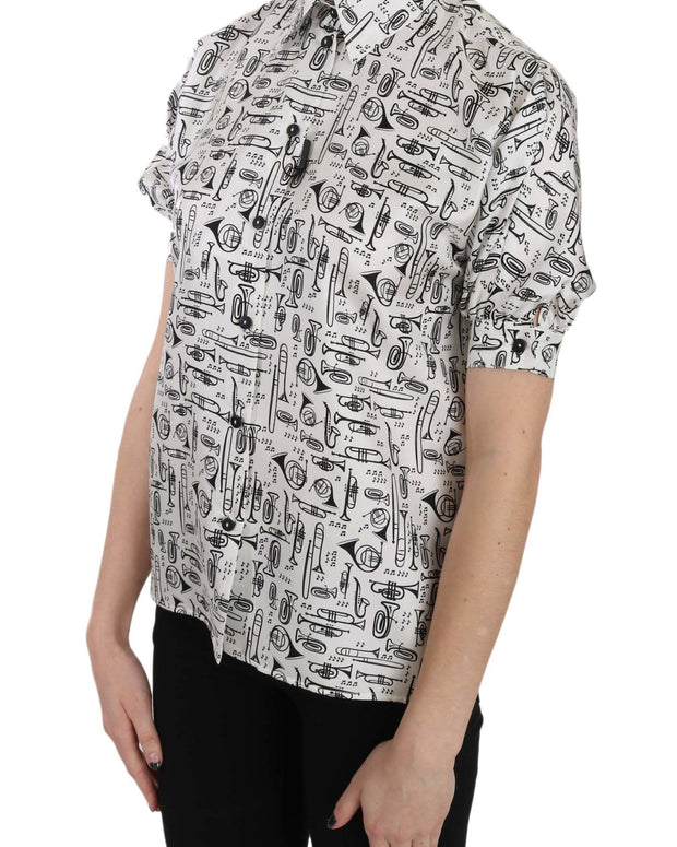 Trumpet Print Button Front Silk Top Blouse