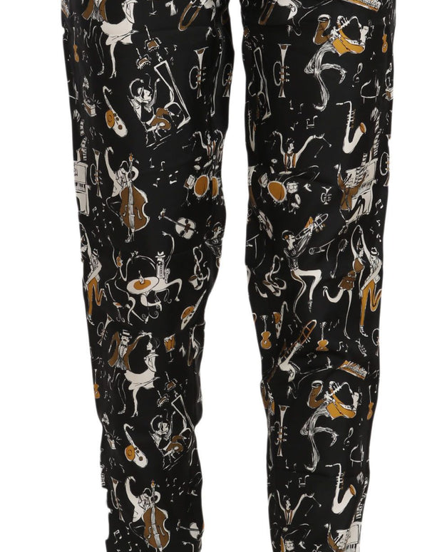 Black Jazz Club Print High Waist Tapered Pants
